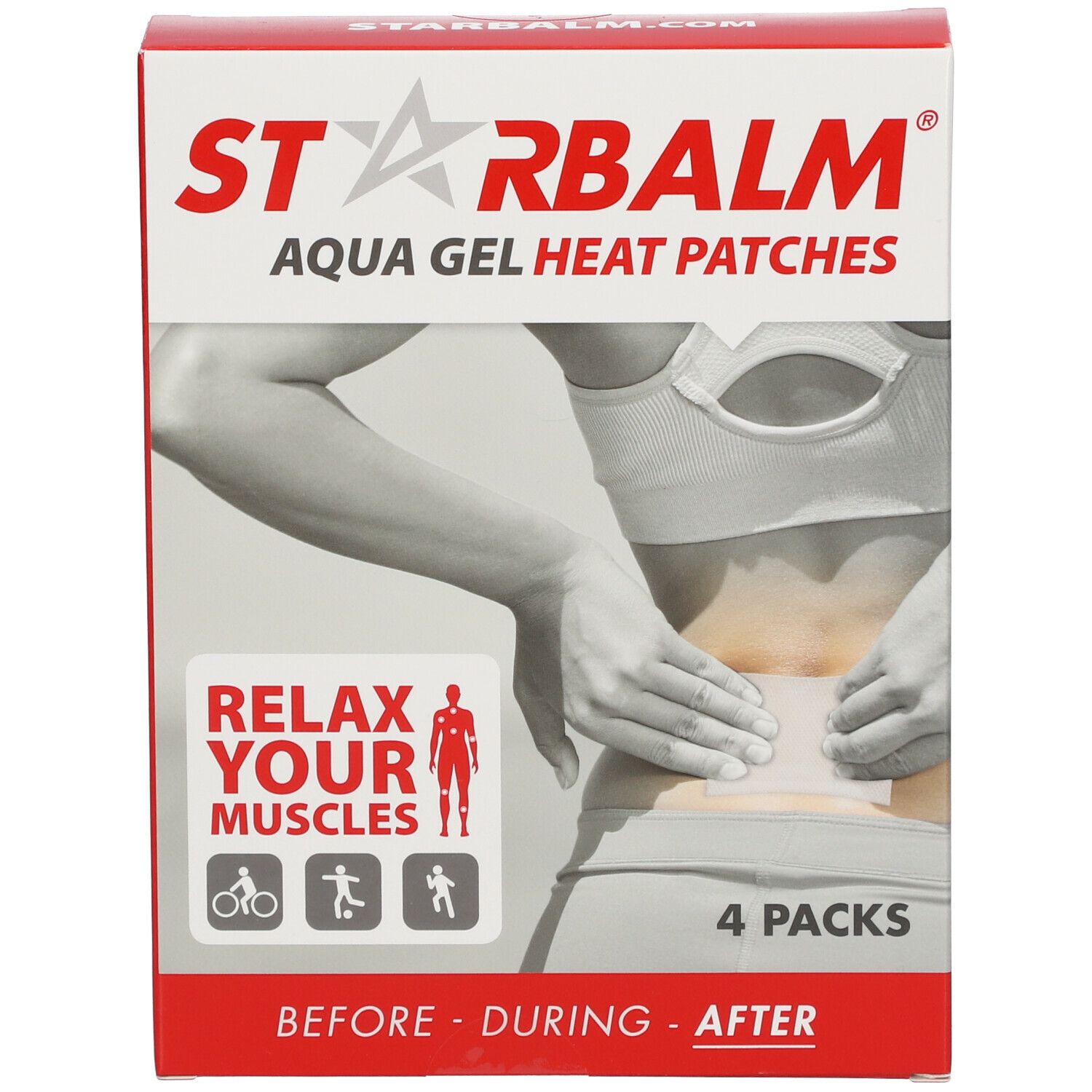 Boîte STARBALM Heat Patches. Inscription : Aqua Gel Heat Patches, 4 packs. Illustration : personne avec patch.