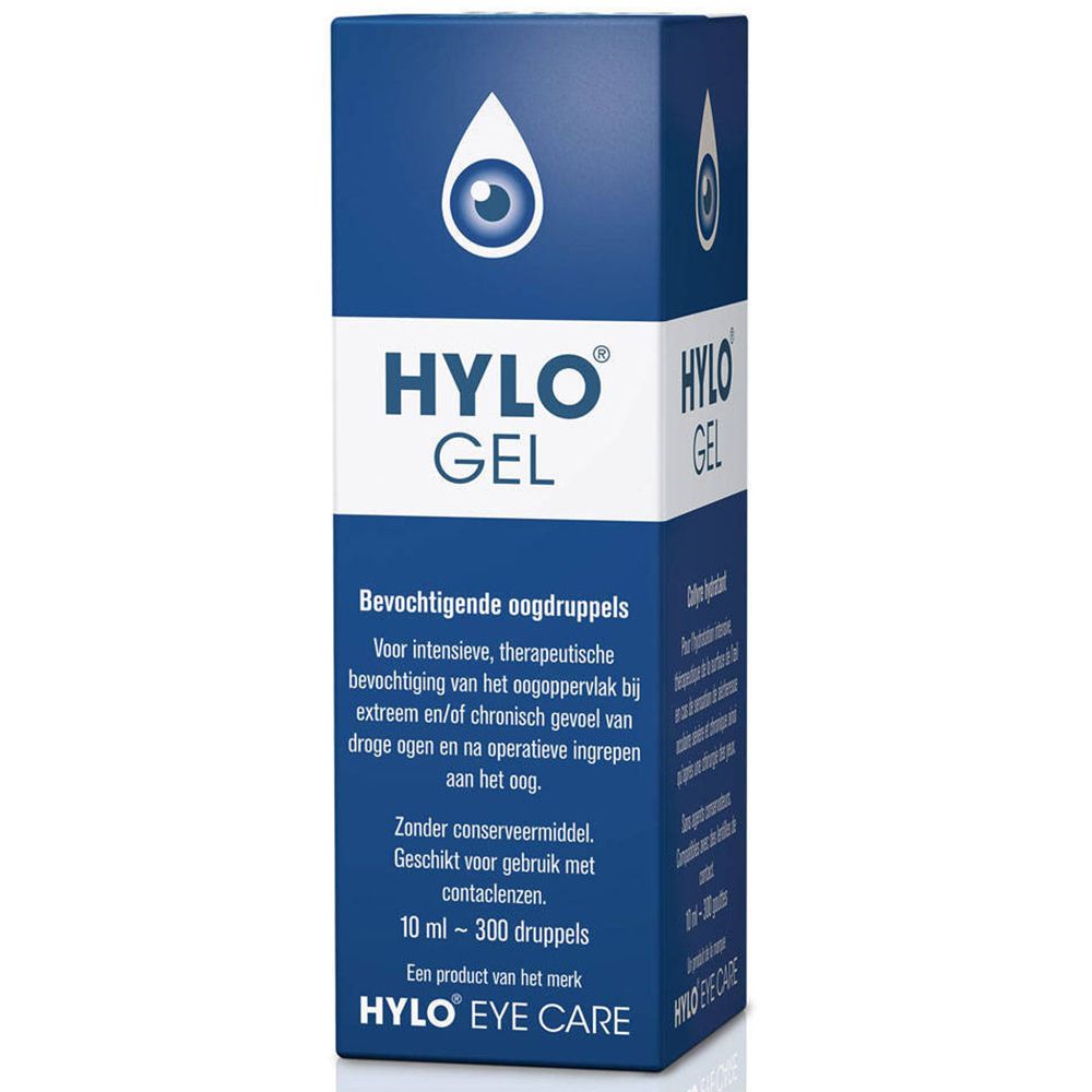 Emballage bleu HYLO-GEL. Logo: œil avec goutte. Texte: Befeuchtende Augentropfen. 10 ml - 300 druppels. HYLO EYE CARE.