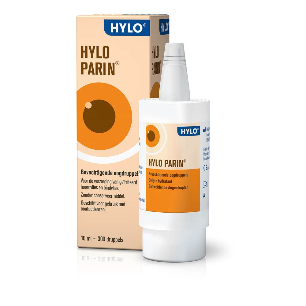 Oogdruppelfles en verpakking. Opschrift: HYLO PARIN. 10 ml, 300 druppels. Geschikt voor contactlenzen.
