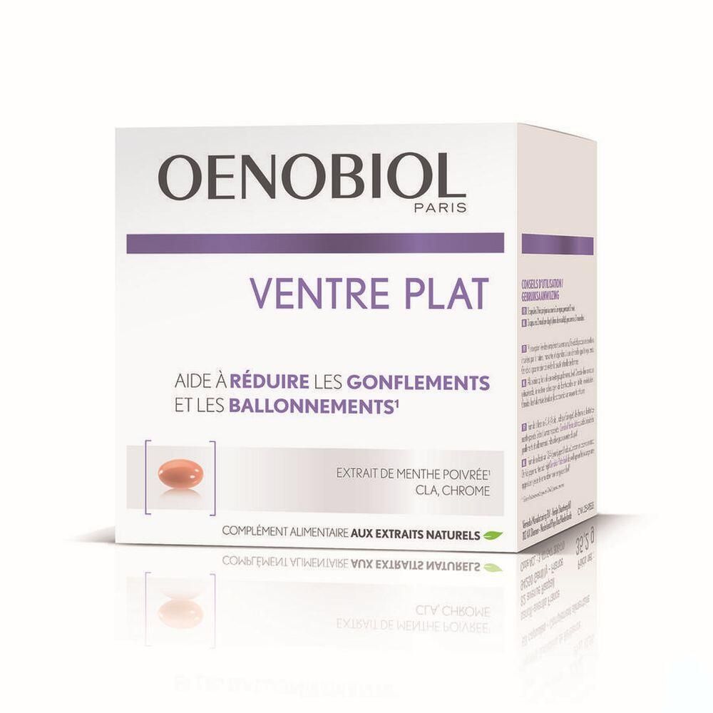 Boîte OENOBIOL®. Carton blanc, accents violets. Texte: Vientre Plat, aide à réduire les gonflements. Image de capsule.