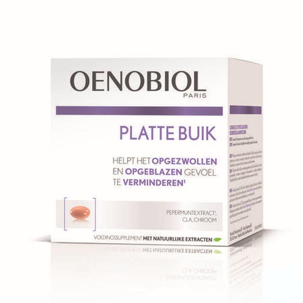 OENOBIOL®-verpakking. Witte doos met paarse accenten. Tekst: Platte Buik, helpt bij een platte buik. Capsule-afbeelding.