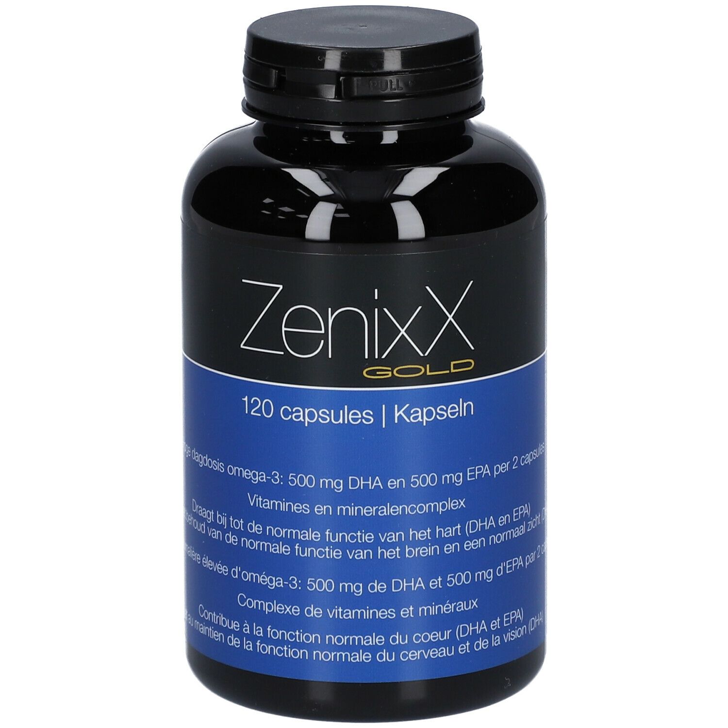 Flacon noir ZenixX Gold. Étiquette bleue avec texte. 120 capsules. Contient oméga-3, DHA et EPA.