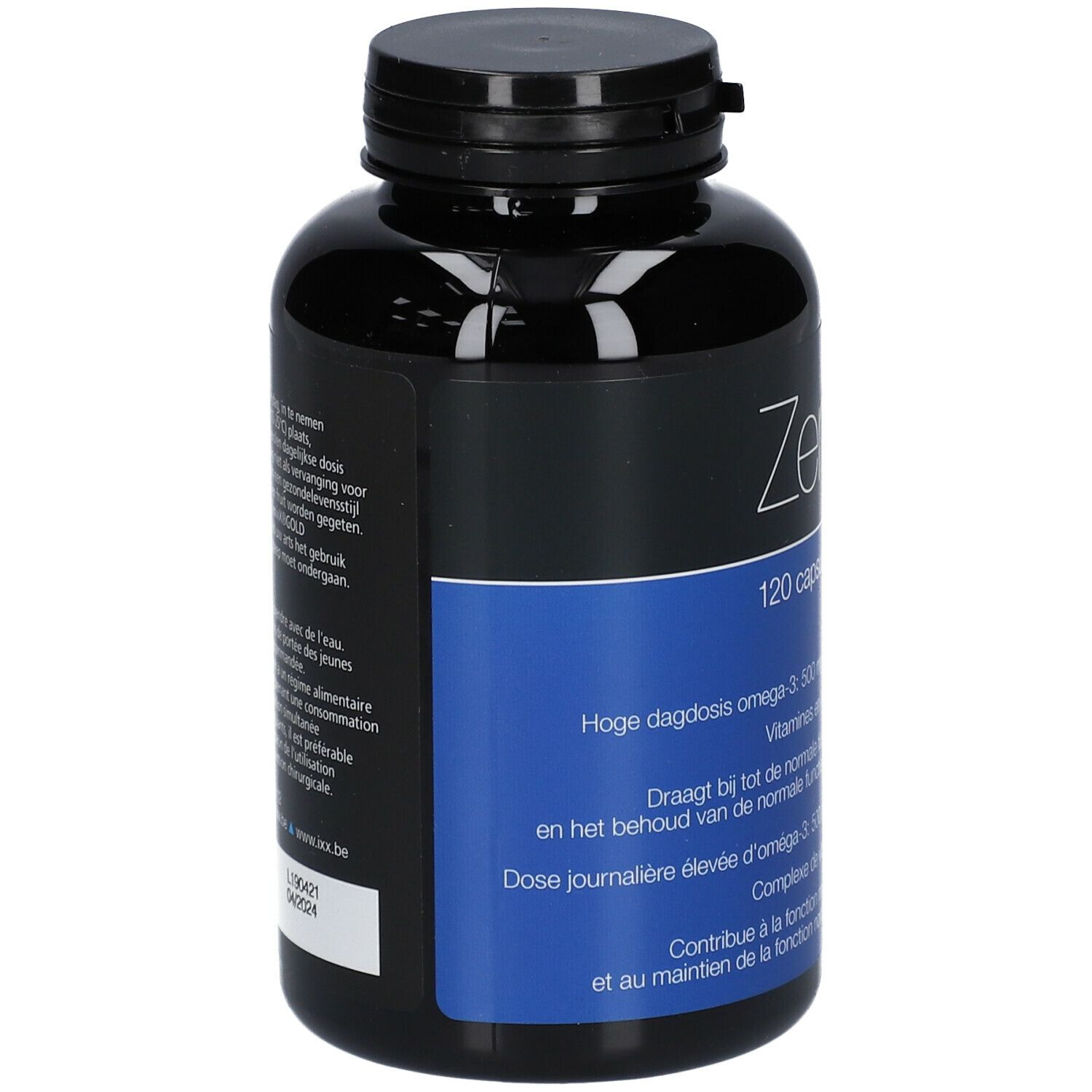 Flacon noir ZenixX Gold. Étiquette bleue avec texte. Contient oméga-3. Dosage élevé. Pour cœur, cerveau et vision.