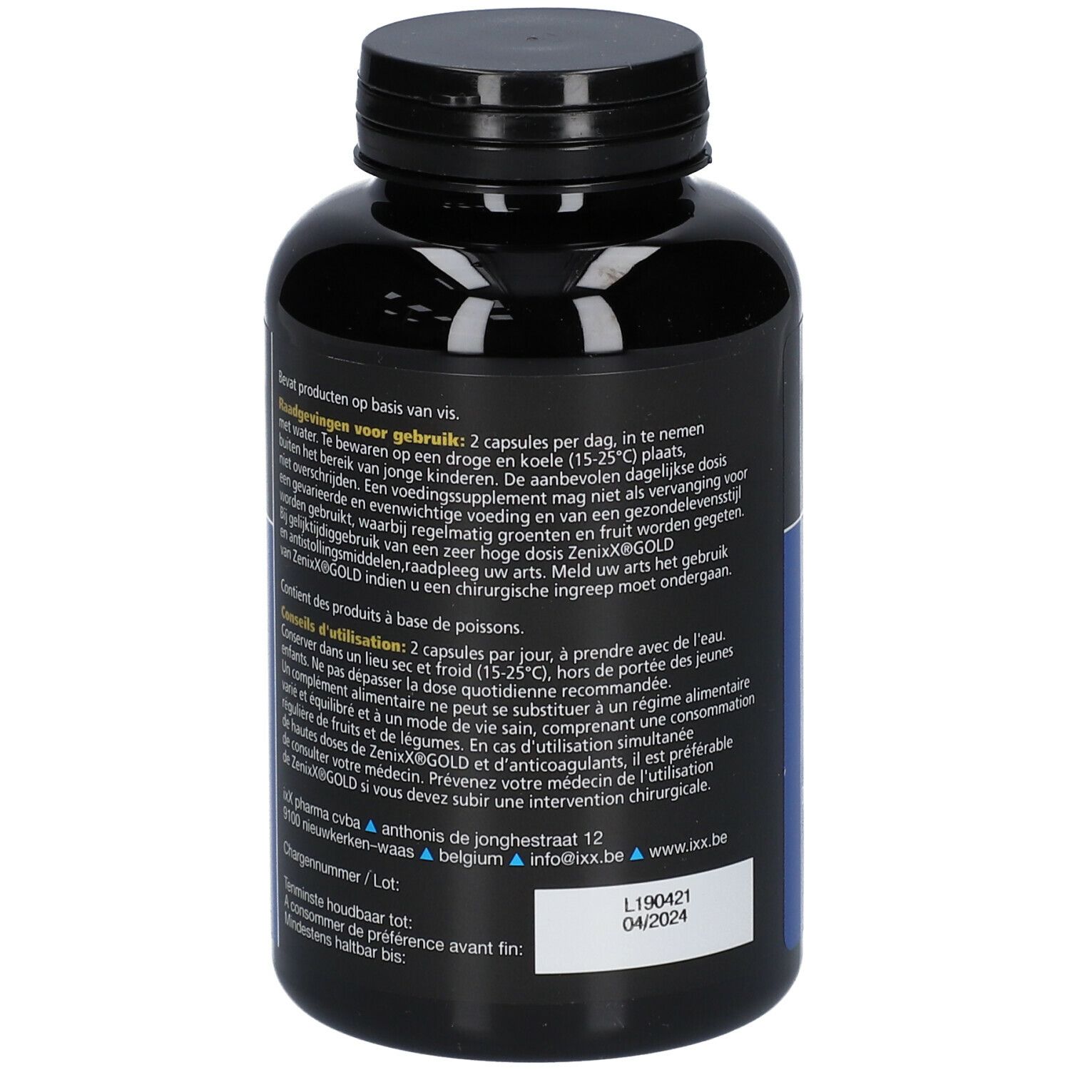 Flacon noir ZenixX Gold. Dos avec texte. Dosage: 2 capsules par jour. Contient huile de poisson. Date de péremption.