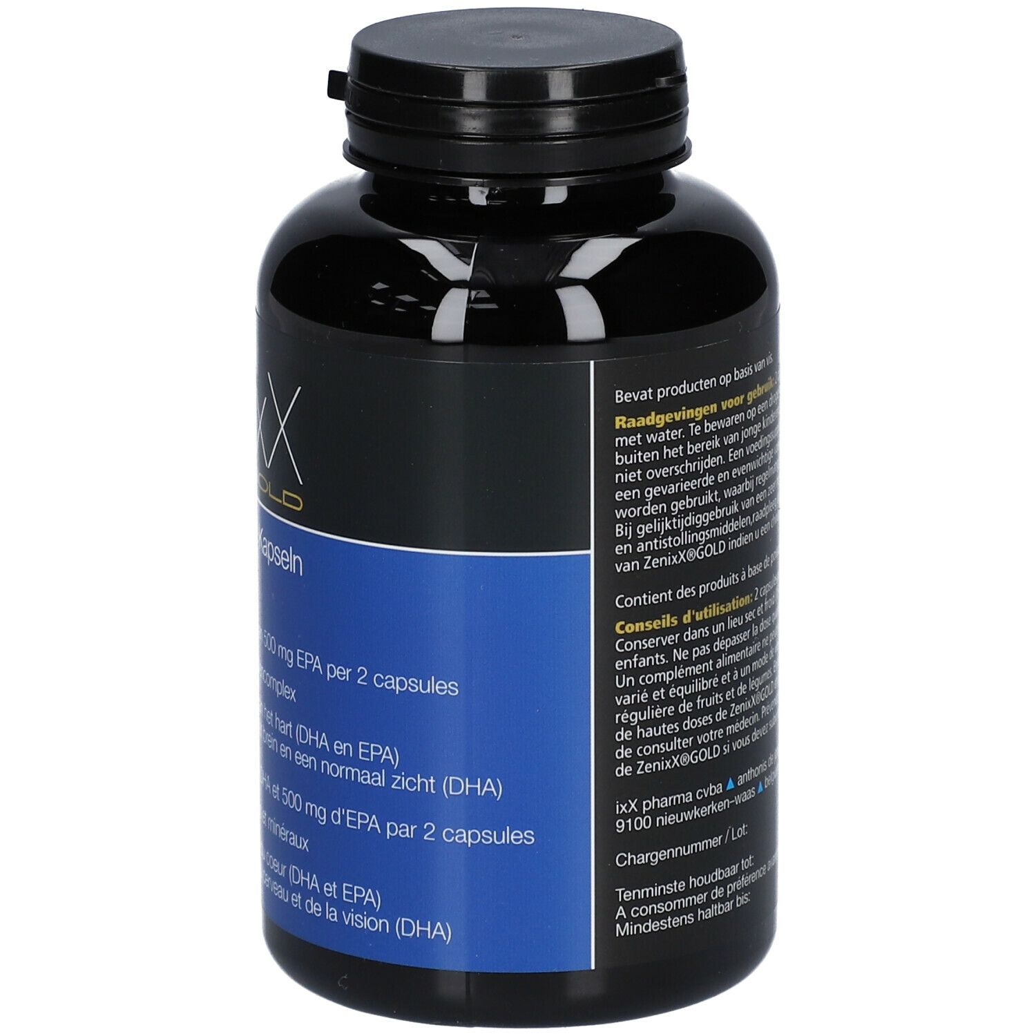 Flacon noir ZenixX Gold. Étiquette bleue avec texte. Contient oméga-3, DHA et EPA. Pour cœur, cerveau et vision.
