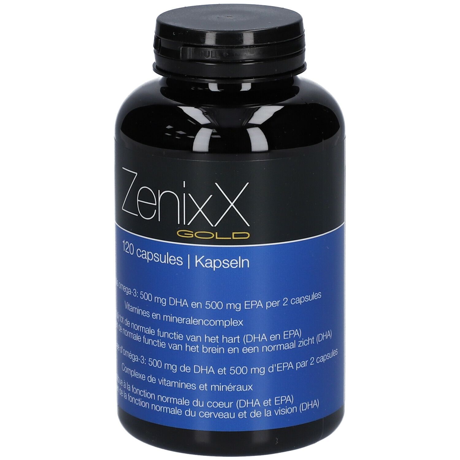 Flacon noir ZenixX Gold. Étiquette bleue avec texte. 120 capsules. Contient oméga-3, DHA et EPA.