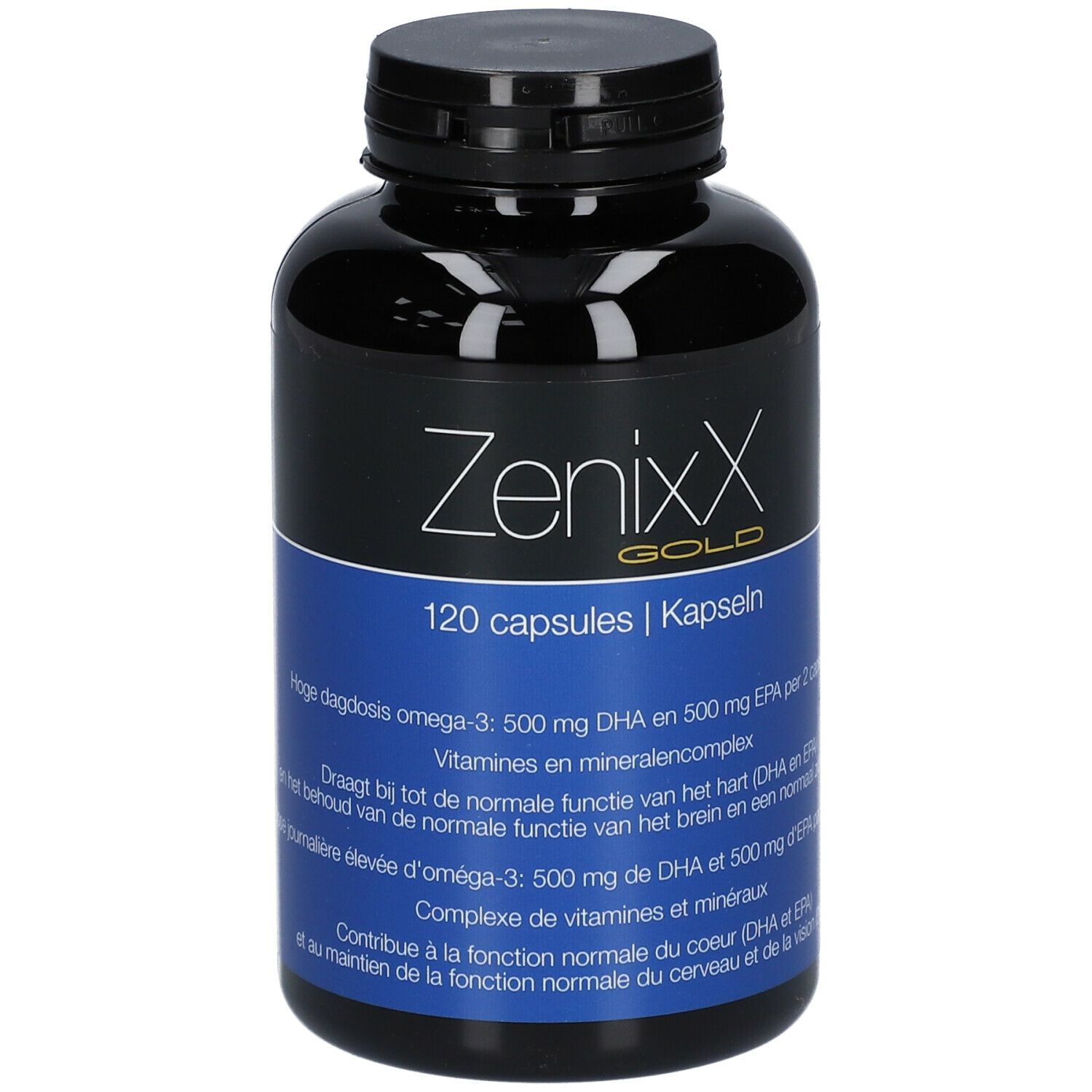Flacon noir ZenixX Gold. Étiquette bleue avec texte. 120 capsules. Contient oméga-3, DHA et EPA.