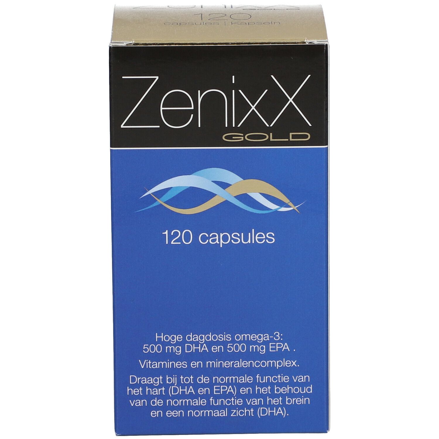 Boîte ZenixX Gold. 120 capsules. Contient oméga-3, DHA et EPA. Pour cœur, cerveau et vision.