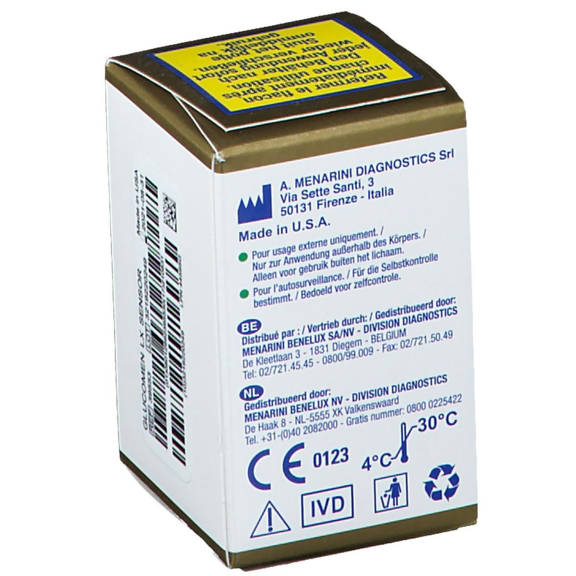 Dos de l'emballage GlucoMen LX Sensor. Informations sur le fabricant, la distribution, le marquage CE et les conditions de stockage.