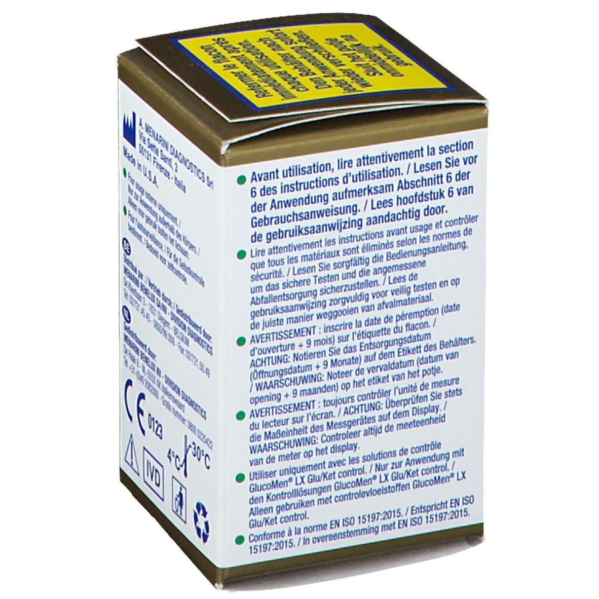 Dos de l'emballage GlucoMen LX Sensor avec texte multilingue. Contient des instructions et des avertissements.