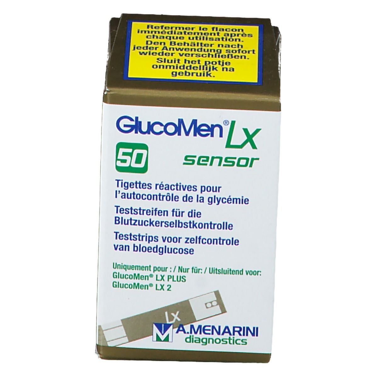 Face avant de l'emballage GlucoMen LX Sensor. Nom du produit, nombre de bandelettes et logo du fabricant visibles.