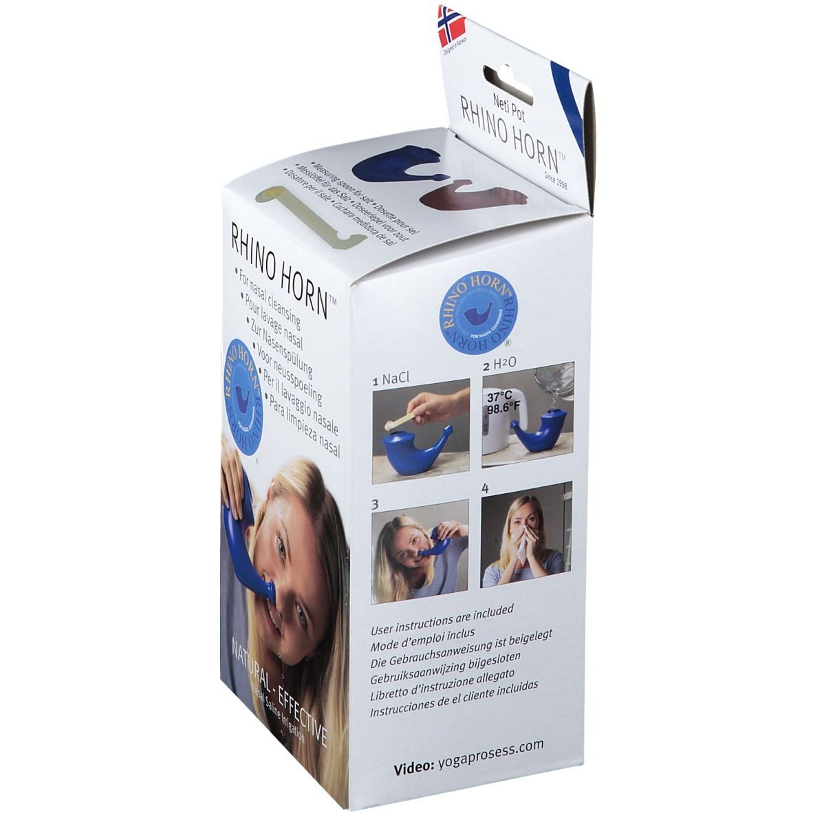 Zijaanzicht van de RHINO HORN™ blauwe verpakking. Toont instructies en afbeeldingen voor gebruik. Bevat een blauwe neusdouche.