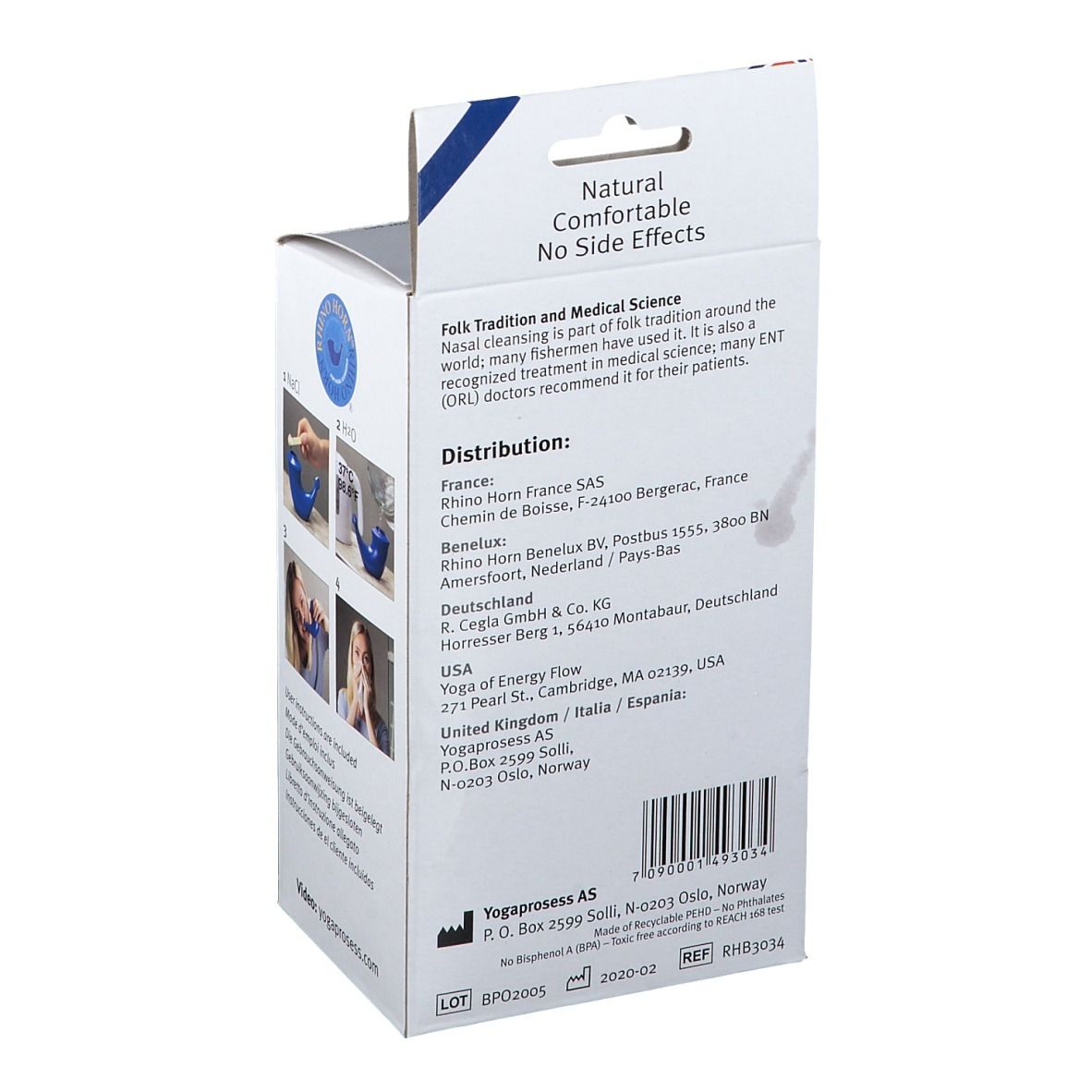 Achterkant van de RHINO HORN™ blauwe verpakking. Bevat informatie over distributie en gebruik. CE-markering.