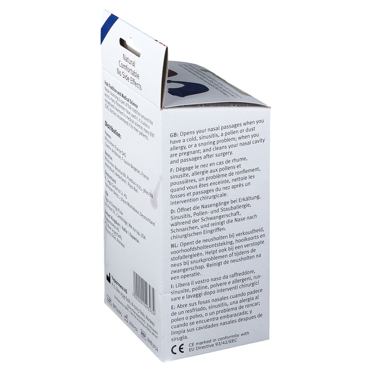 Detail van de achterkant van de RHINO HORN™ blauwe verpakking. Beschrijft toepassingsgebieden. CE-markering.