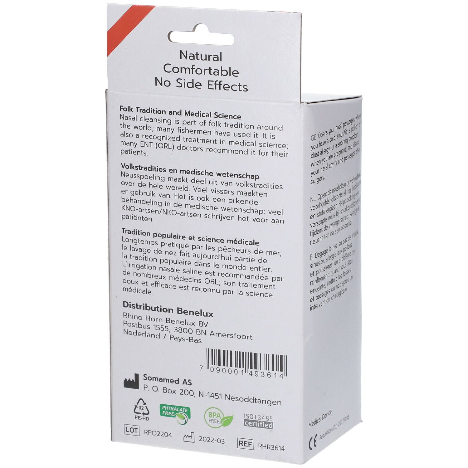 Dos de la boîte RHINO HORN™. Texte : Tradition et science médicale. Informations sur les certifications et le fabricant.