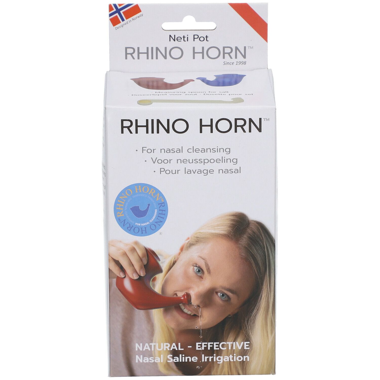 Boîte RHINO HORN™. Image d'une femme utilisant le pot nasal. Texte : Nettoyage nasal. Irrigation nasale naturelle.