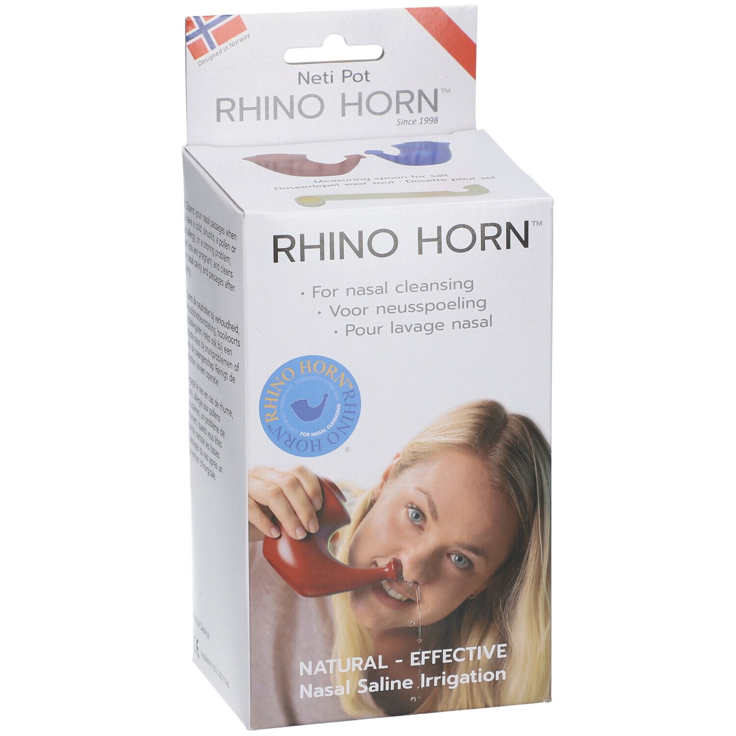 Boîte RHINO HORN™. Image d'une femme utilisant le pot nasal. Texte : Nettoyage nasal. Irrigation nasale naturelle.