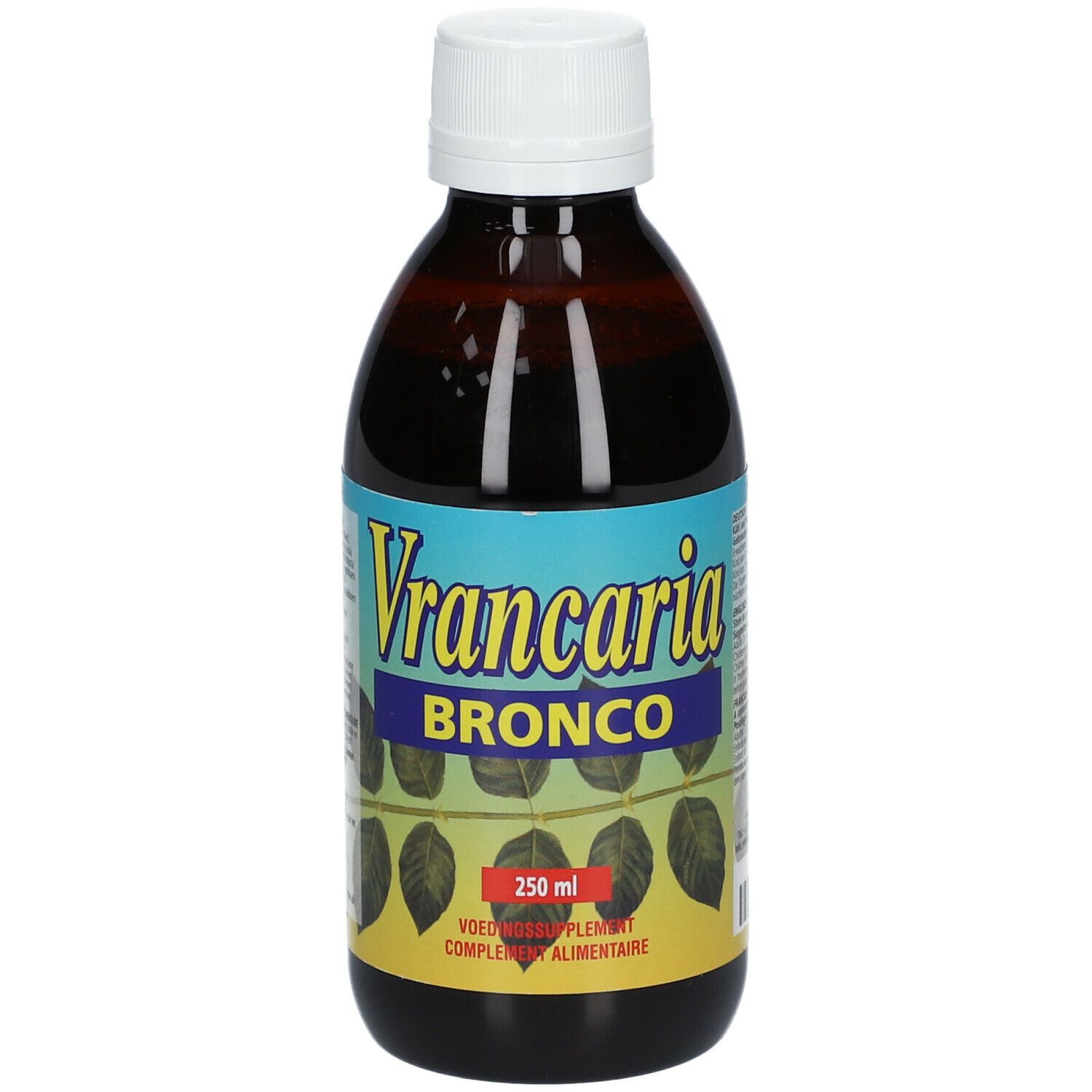 Liquide brun en bouteille à bouchon blanc. Étiquette avec "Vrancaria BRONCO" et 250 ml.