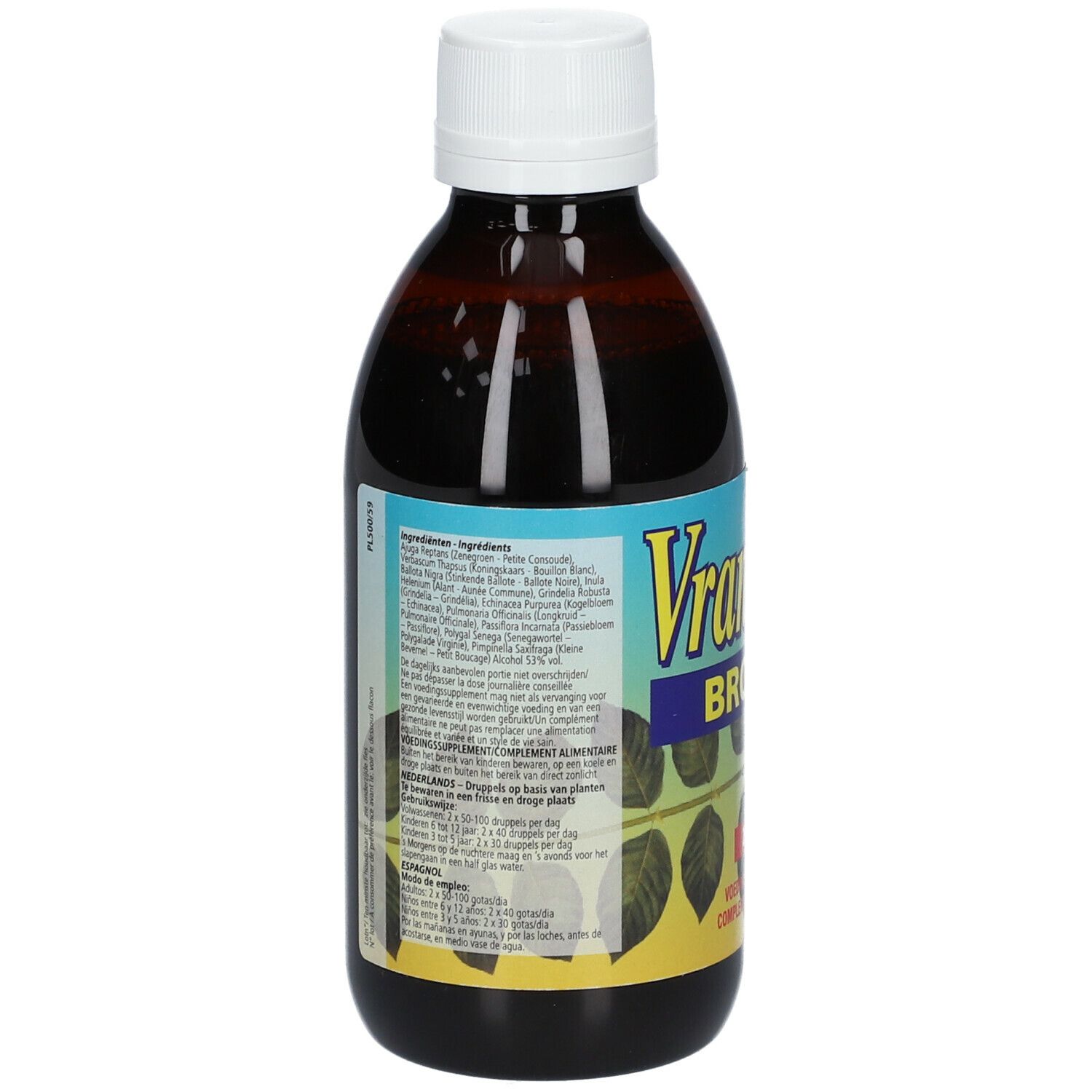 Vue arrière d'une bouteille de liquide brun. Étiquette avec liste des ingrédients et "Vrancaria BRONCO".