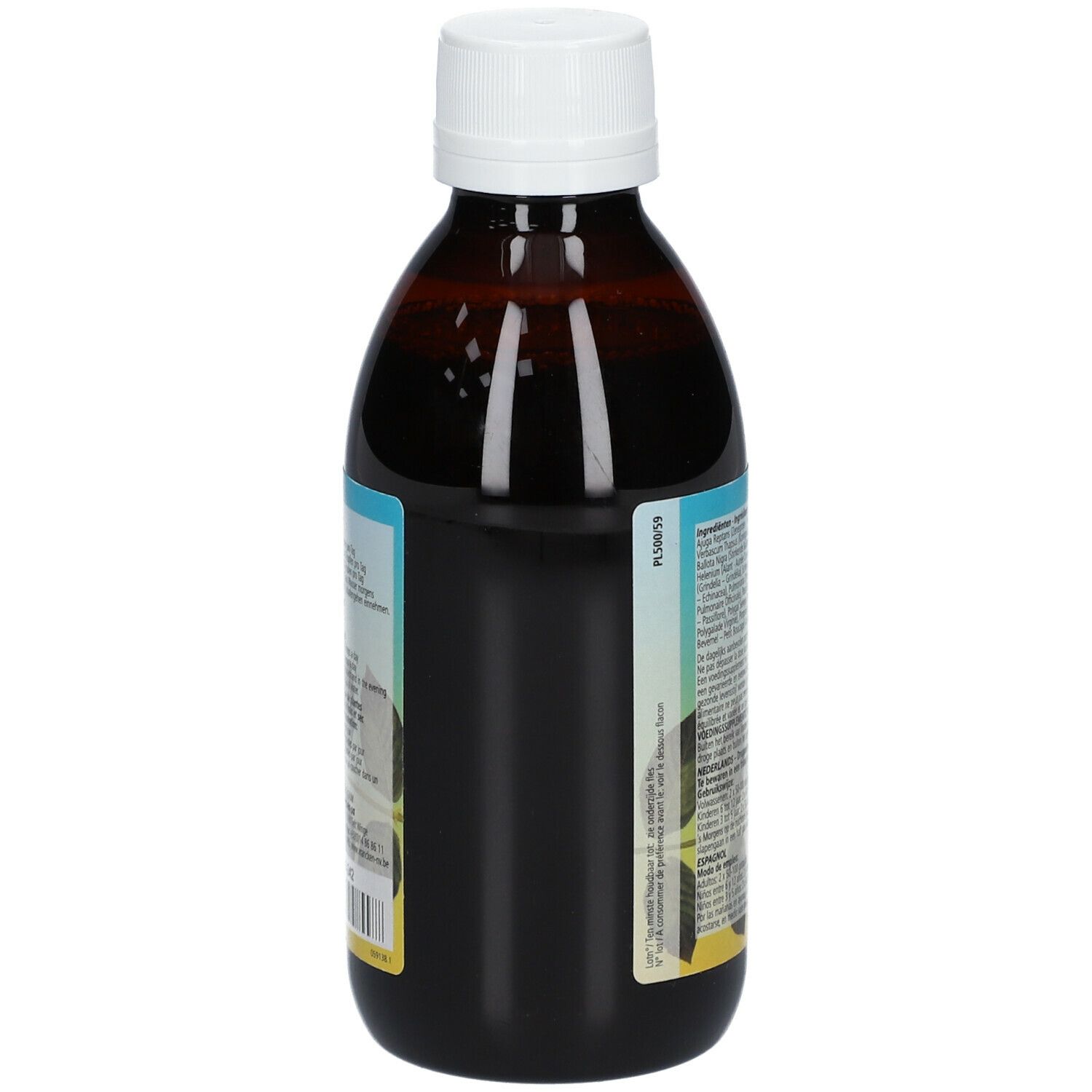 Vue latérale d'une bouteille de liquide brun avec bouchon blanc. Étiquette avec texte.