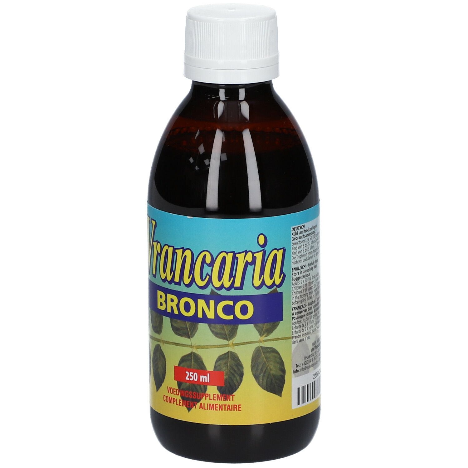 Liquide brun en bouteille à bouchon blanc. Étiquette avec "Vrancaria BRONCO" et 250 ml.