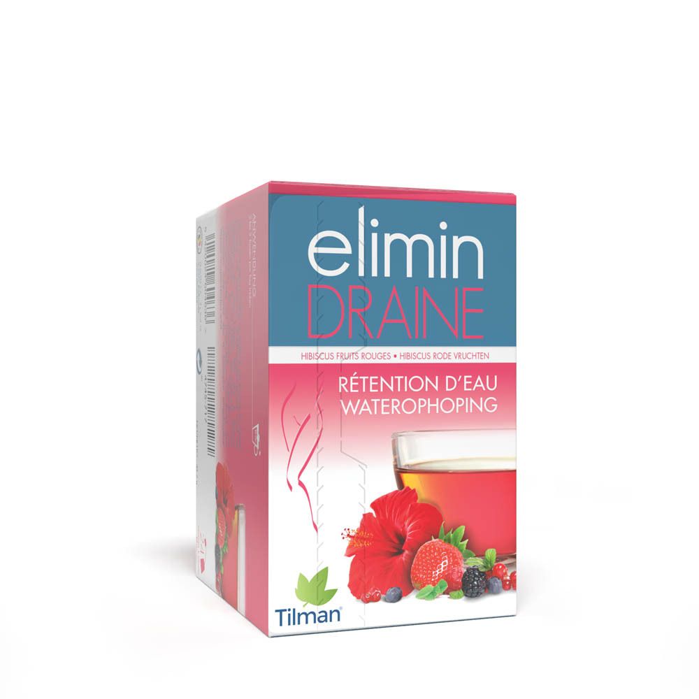 Verpakking van Elimin Draine thee. Opschrift: hibiscus, rode vruchten. Merk Tilman.