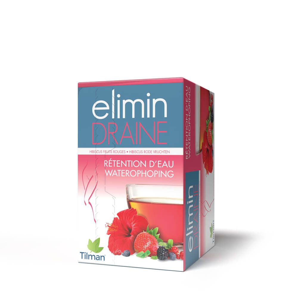 Emballage de thé Elimin Draine. Inscription : hibiscus, fruits rouges. Marque Tilman.
