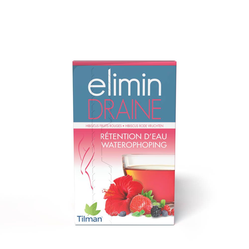 Verpakking van Elimin Draine thee. Opschrift: hibiscus, rode vruchten. Merk Tilman.