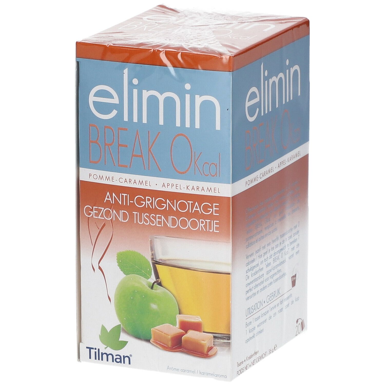 Emballage Elimin Break 0 kcal. Goût pomme-caramel. Marque Tilman. Illustration de pomme, caramel et boisson.