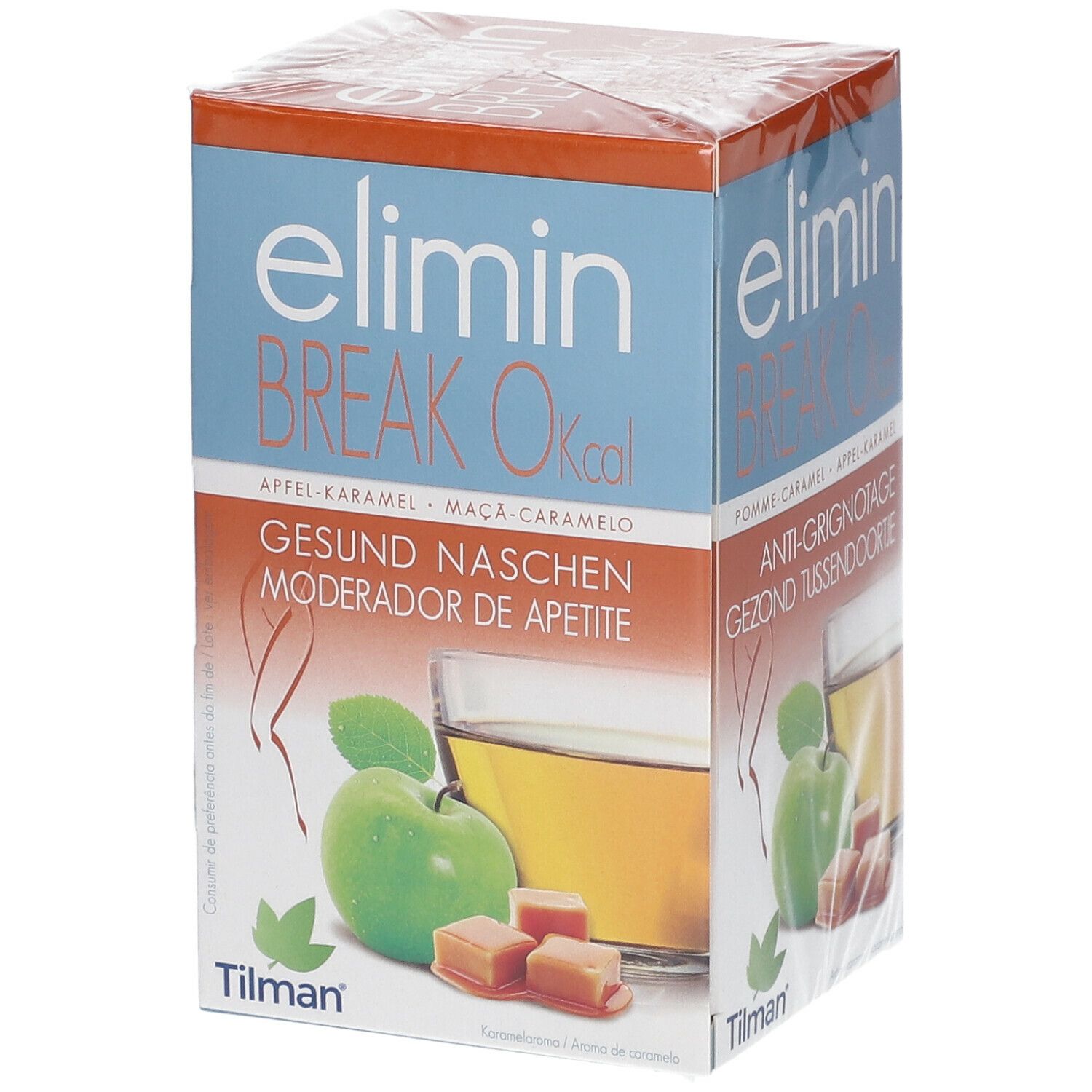 Emballage Elimin Break 0 kcal. Goût pomme-caramel. Marque Tilman. Illustration de pomme, caramel et boisson.