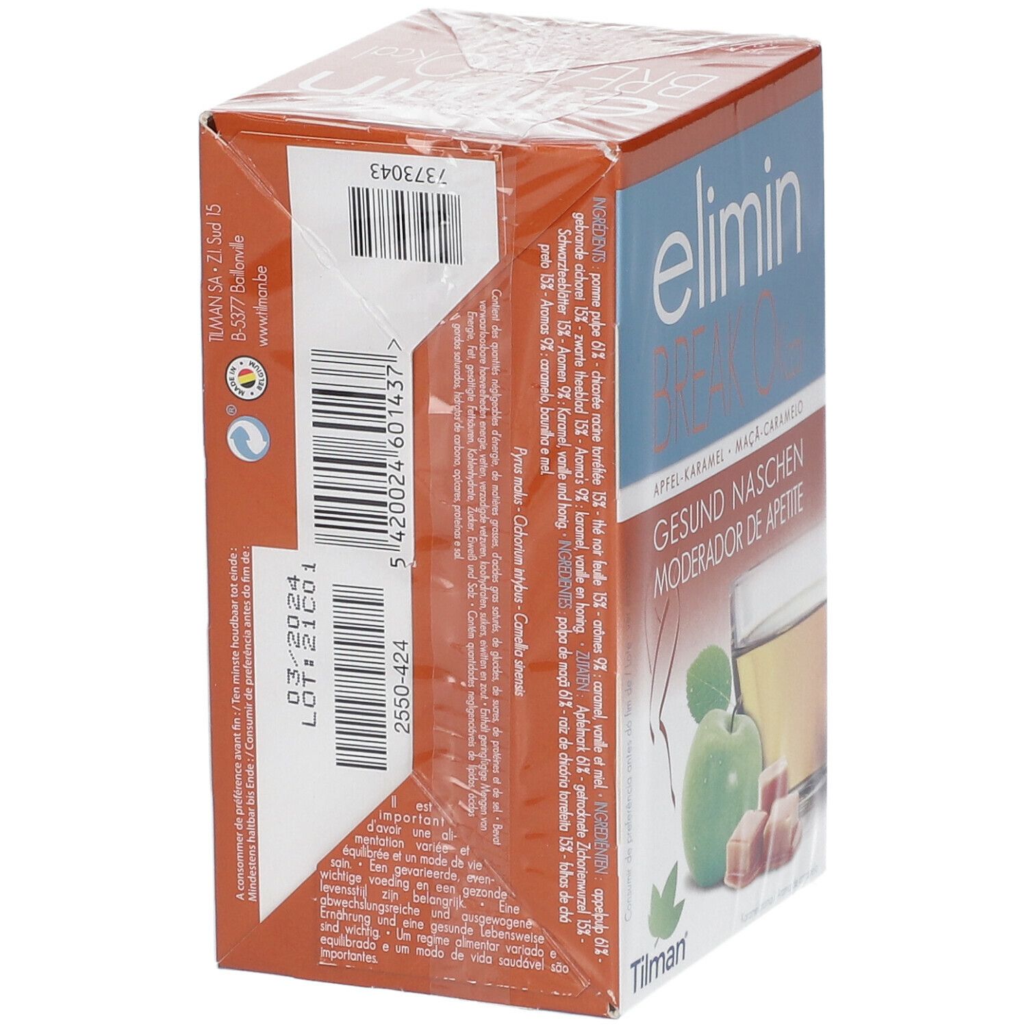 Vue latérale de l'emballage Elimin Break 0 kcal. Informations sur les ingrédients et le fabricant. Marque Tilman.