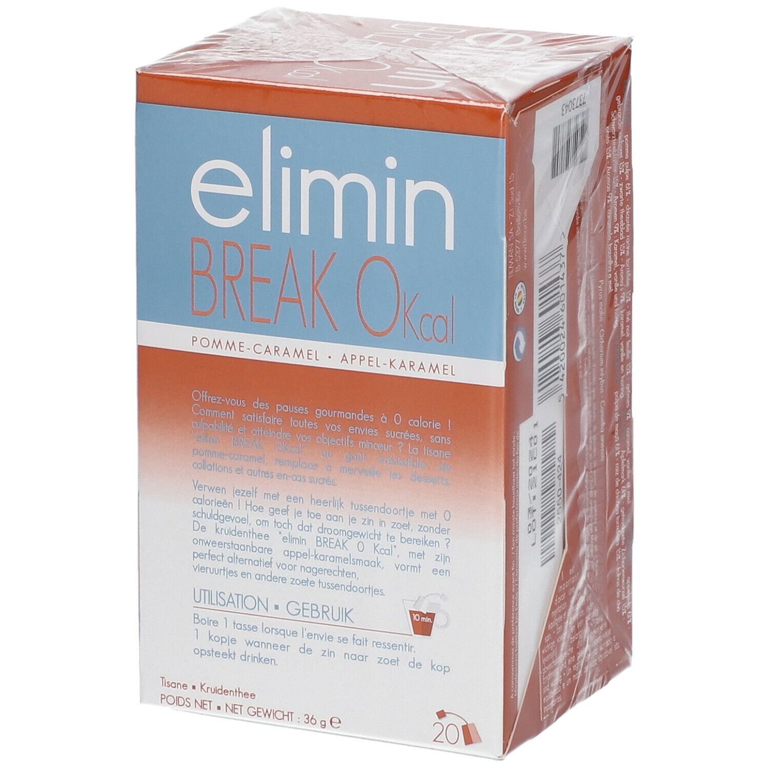 Emballage Elimin Break 0 kcal. Goût pomme-caramel. Marque Tilman. Contient 20 sachets. Mode d'emploi.