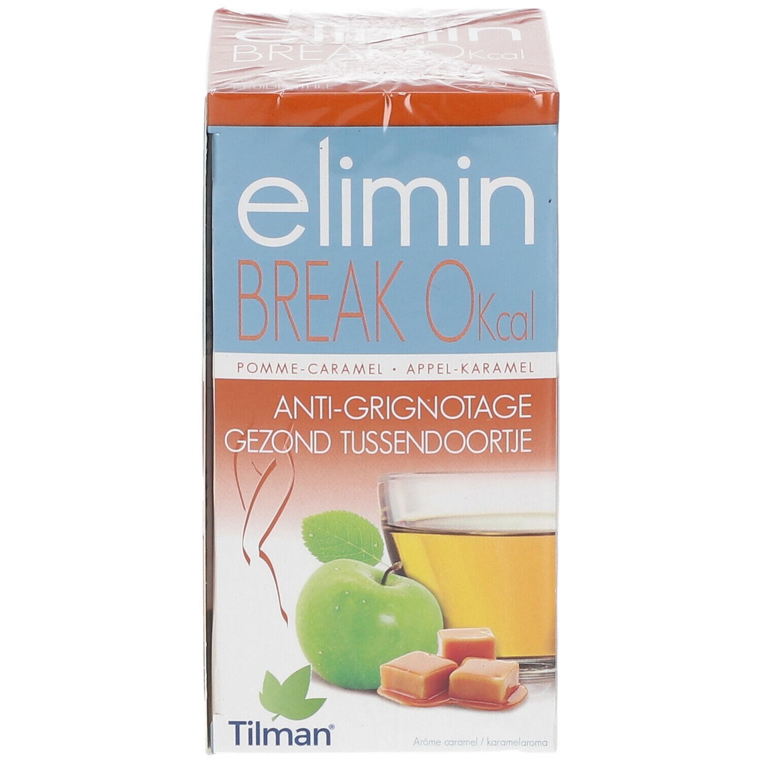 Emballage Elimin Break 0 kcal. Goût pomme-caramel. Marque Tilman. Illustration de pomme, caramel et boisson.