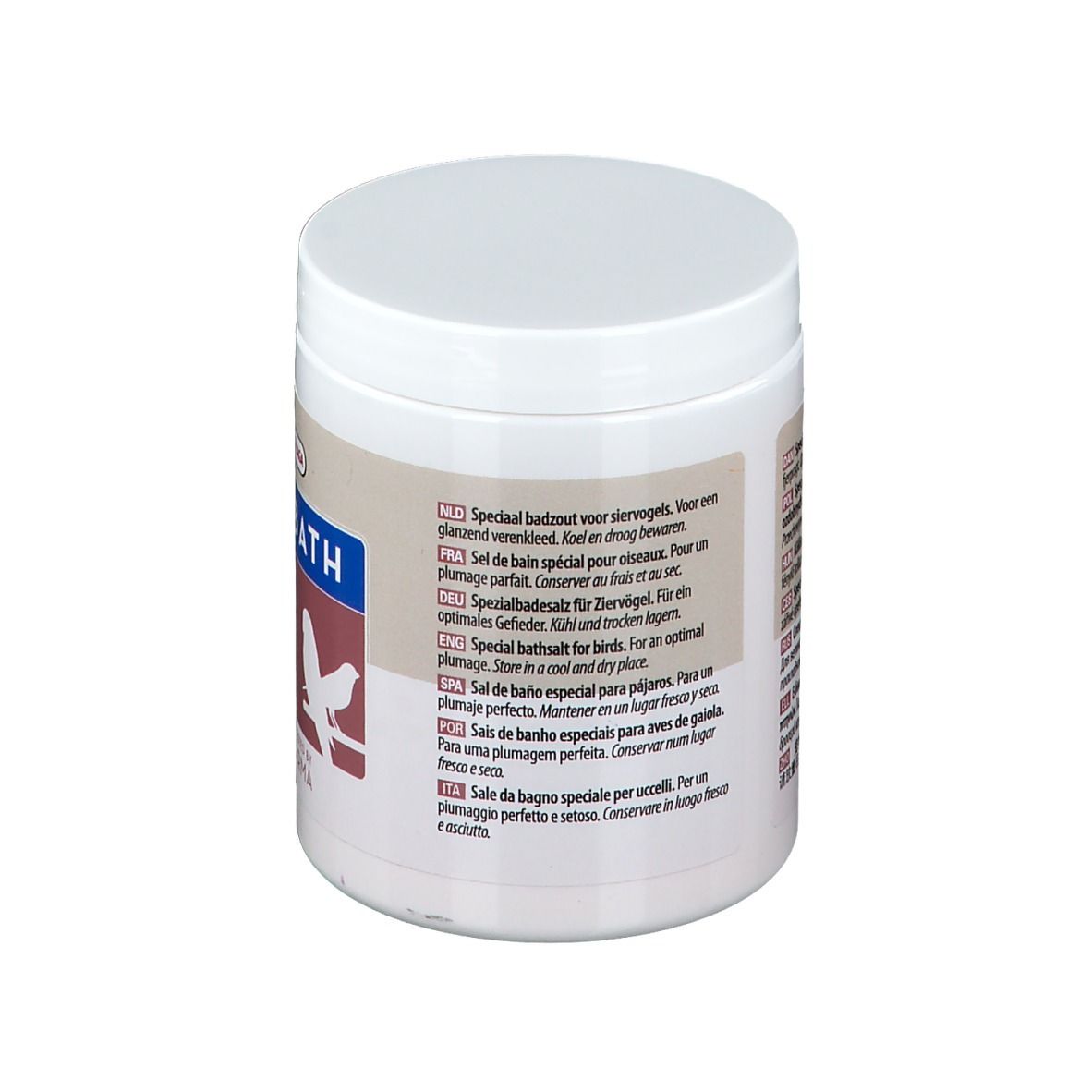 Dos d'un pot blanc avec couvercle. Texte multilingue. Logo et inscription ORO-BATH.
