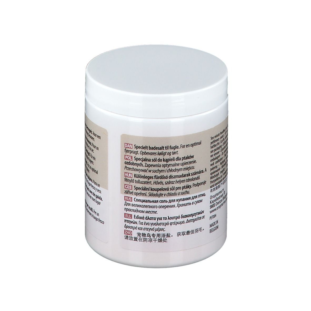 Dos d'un pot blanc avec couvercle. Texte multilingue. Logo et inscription ORO-BATH.