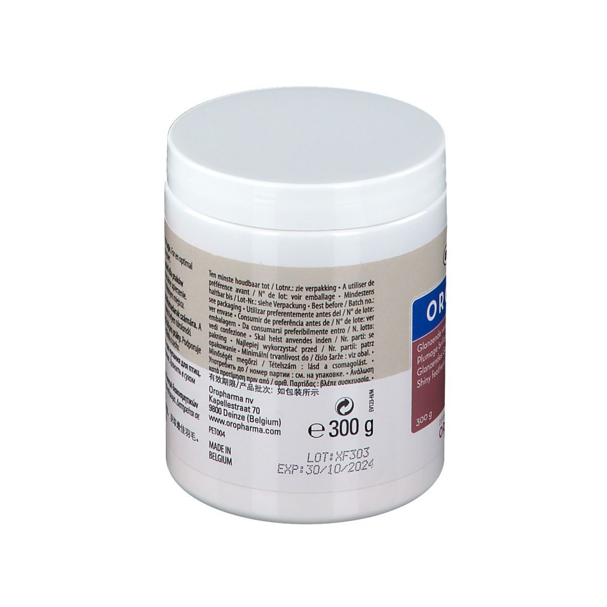 Dos d'un pot blanc avec couvercle. Texte multilingue. Logo et inscription ORO-BATH. 300 g.