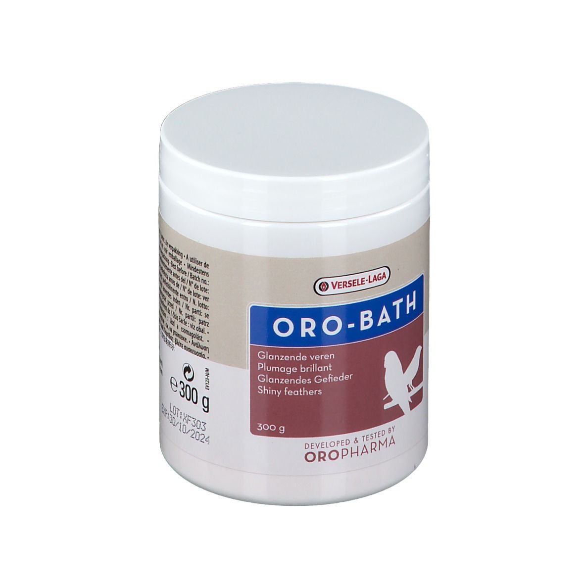 Pot blanc avec couvercle. Inscription ORO-BATH, texte et logo en dessous. 300 g.