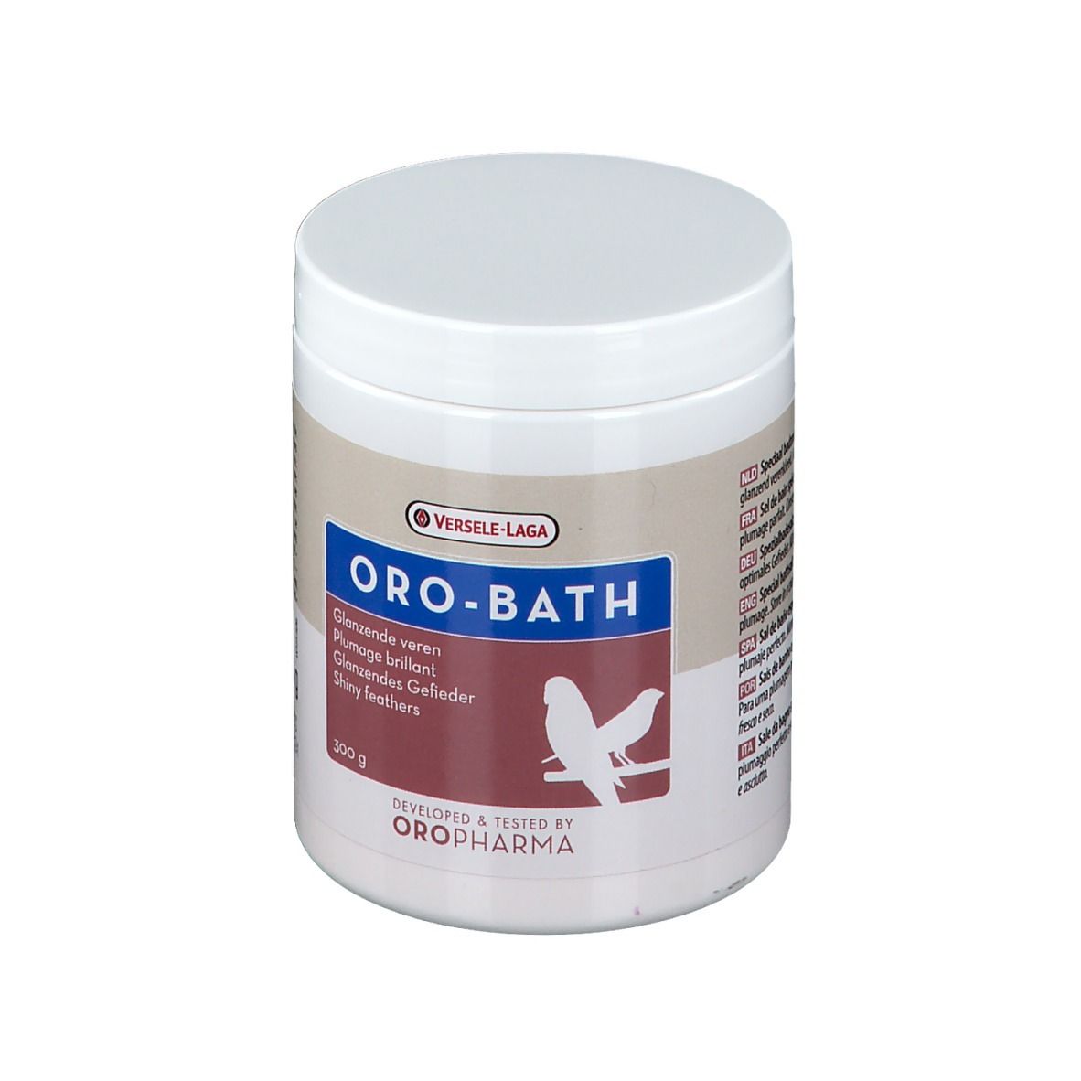 Pot blanc avec couvercle. Inscription ORO-BATH, texte et logo en dessous. 300 g.