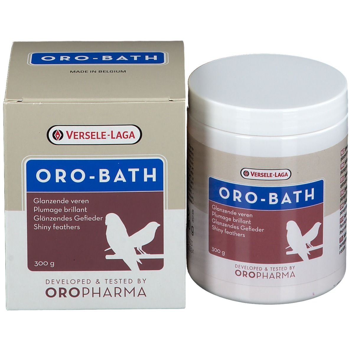 Emballage et pot du produit. Inscription ORO-BATH, texte et logo en dessous. 300 g.