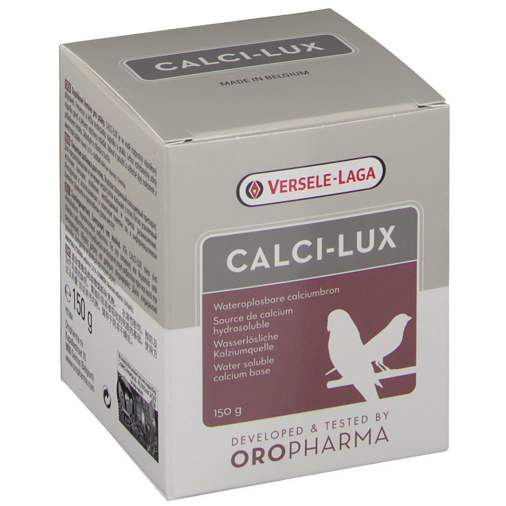 Boîte CALCI-LUX, 150 g. Logo VERSELE-LAGA. Inscription: calcium hydrosoluble. Fabriqué en Belgique.