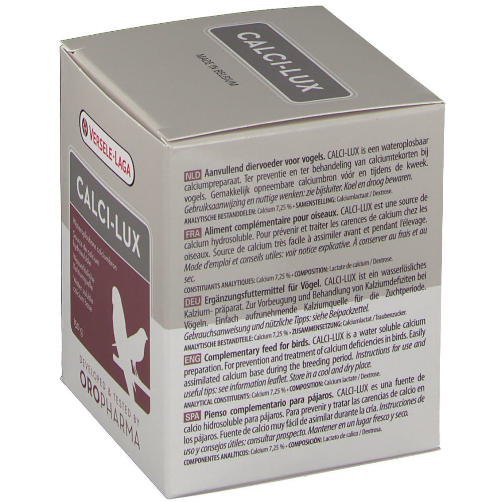 Boîte CALCI-LUX, 150 g. Logo VERSELE-LAGA. Texte multilingue. Silhouette d'oiseaux. Fabriqué en Belgique.