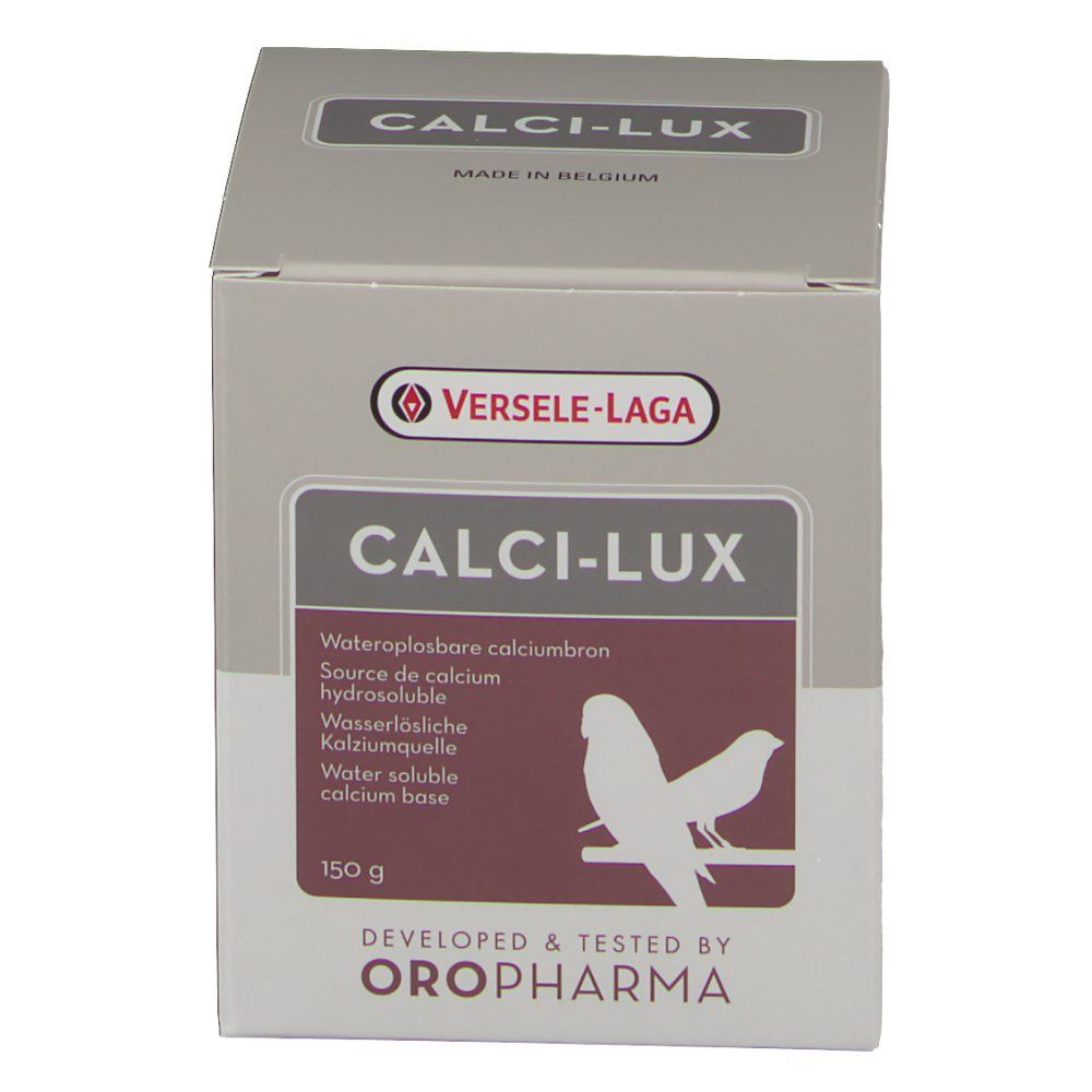 Boîte CALCI-LUX, 150 g. Logo VERSELE-LAGA. Inscription: calcium hydrosoluble. Silhouette d'oiseaux.