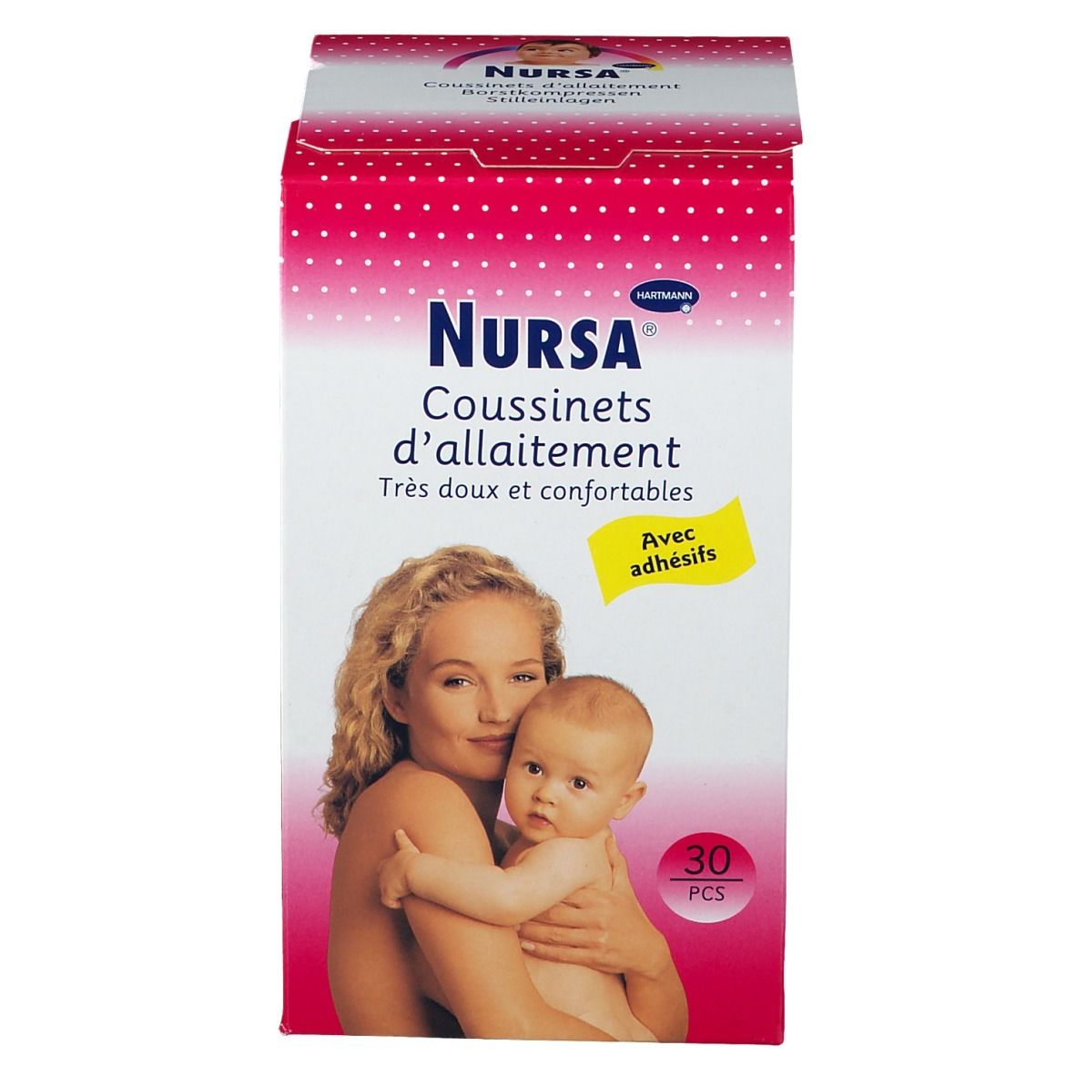 Boîte de coussinets d'allaitement Nursa, 30 pièces. Image d'une mère et son bébé.