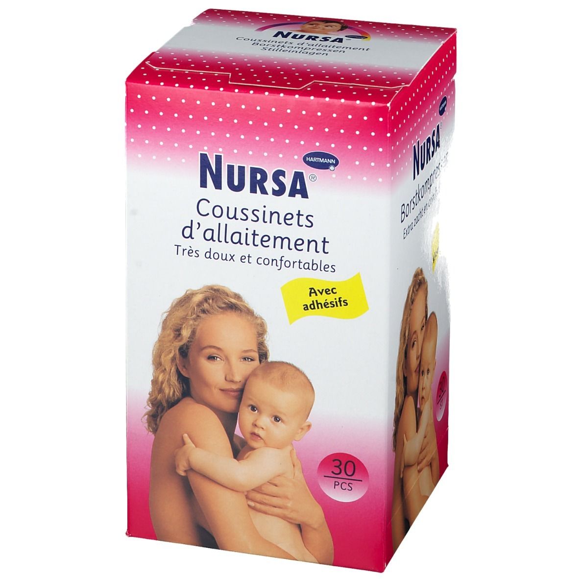 Boîte de coussinets d'allaitement Nursa, 30 pièces. Image d'une mère et son bébé.