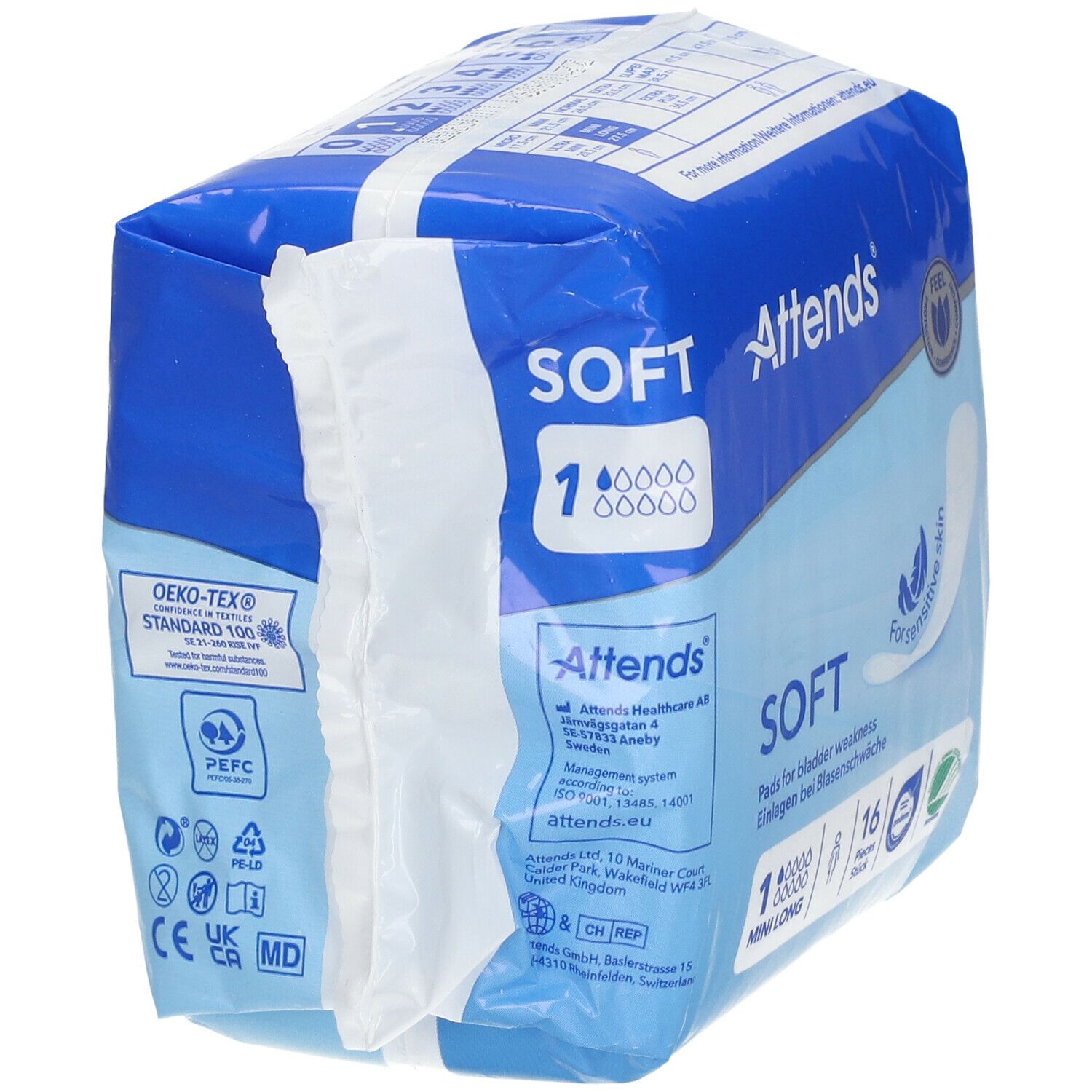 Attends Soft 1 Mini Long. Paquet de 16 protections. Emballage bleu avec nom du produit et logo.