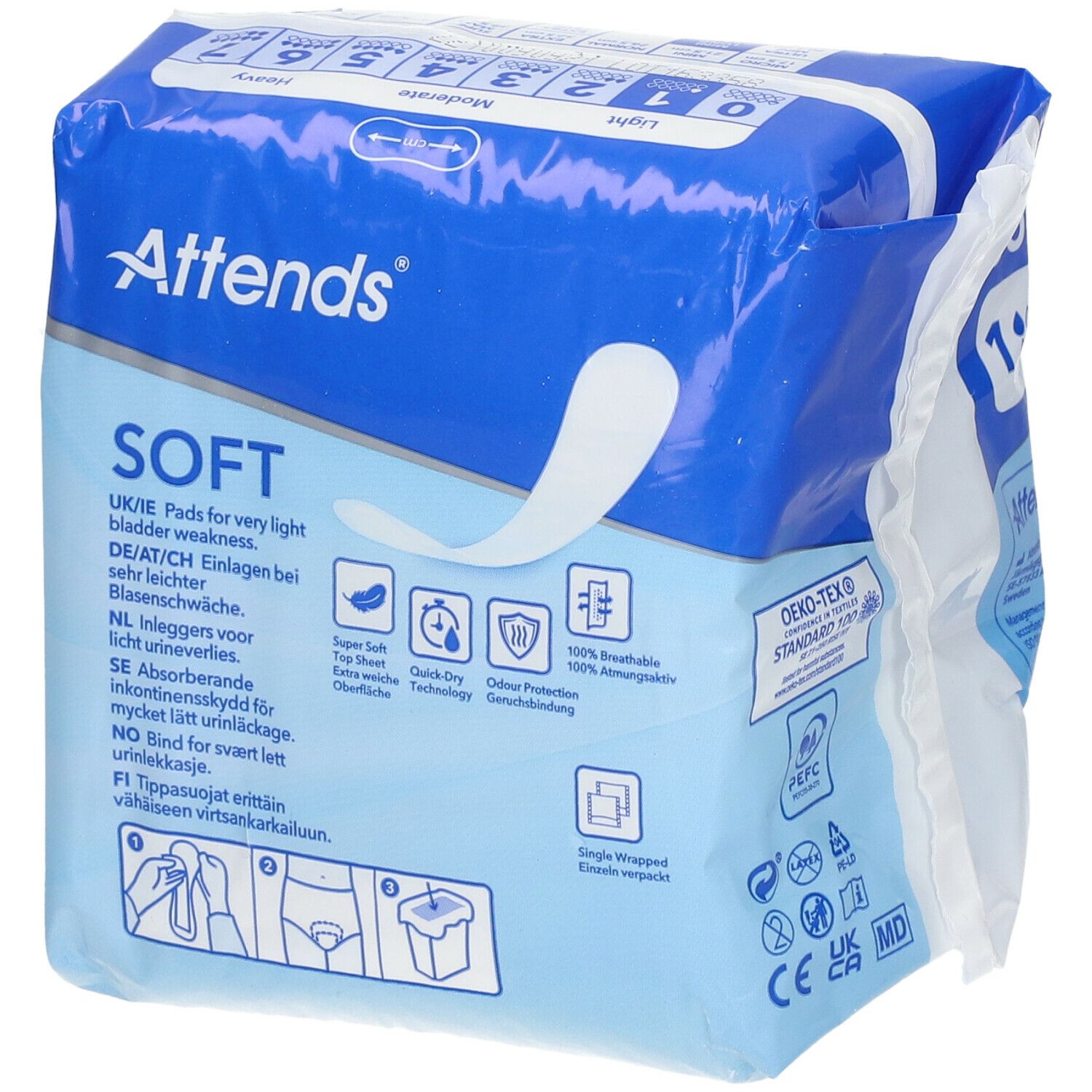 Attends Soft 1 Mini Long. Paquet de 16 protections. Emballage bleu avec nom du produit et logo.
