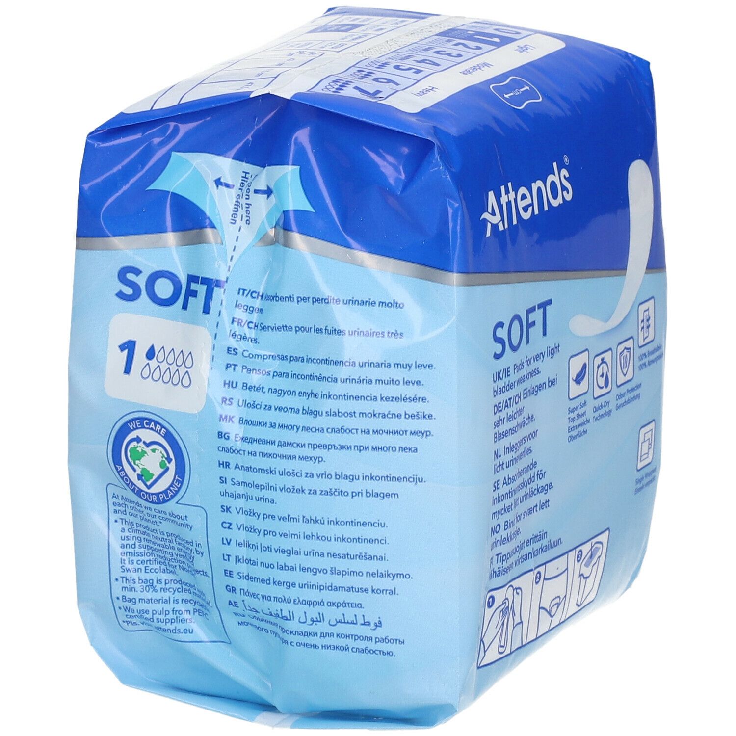 Attends Soft 1 Mini Long. Paquet de 16 protections. Emballage bleu avec nom du produit et logo.