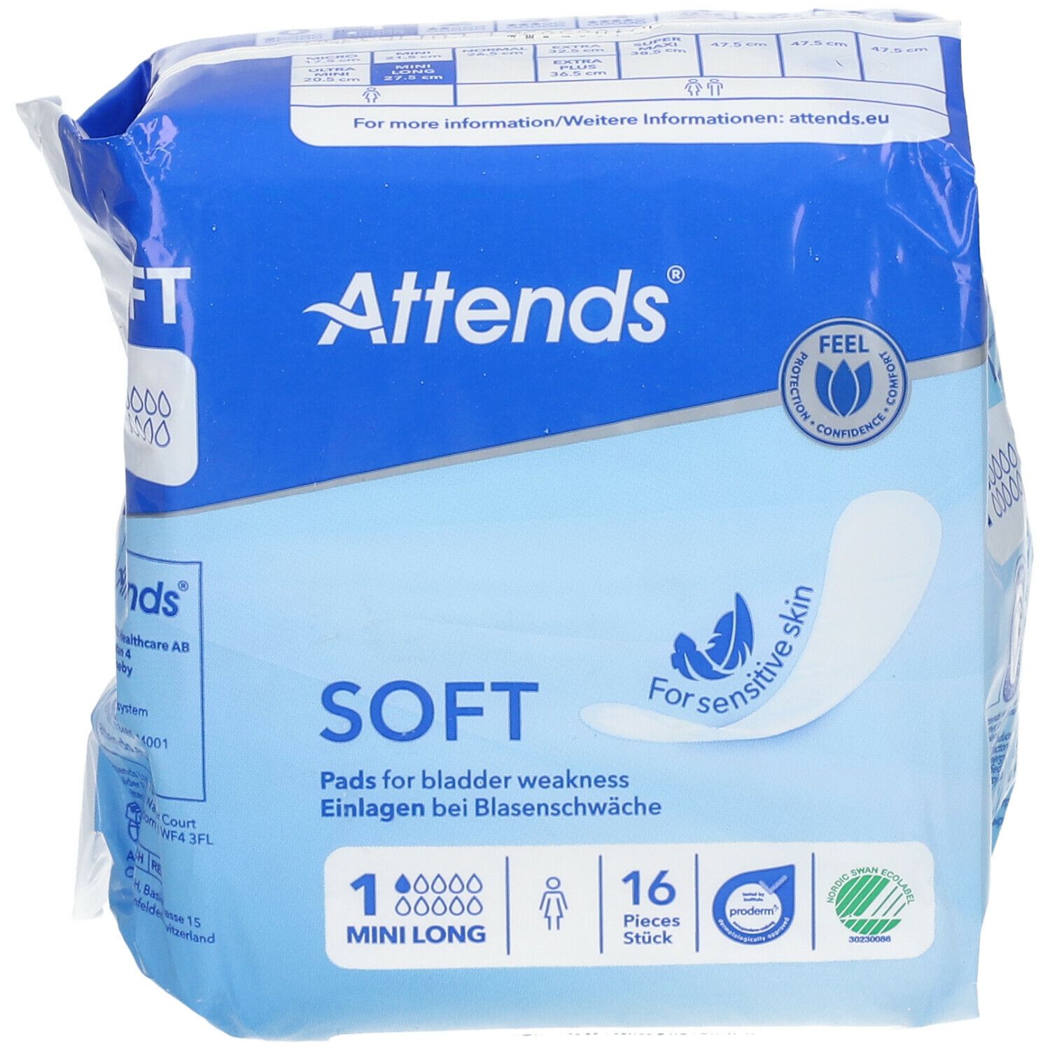 Attends Soft 1 Mini Long. Paquet de 16 protections. Emballage bleu avec nom du produit et logo.