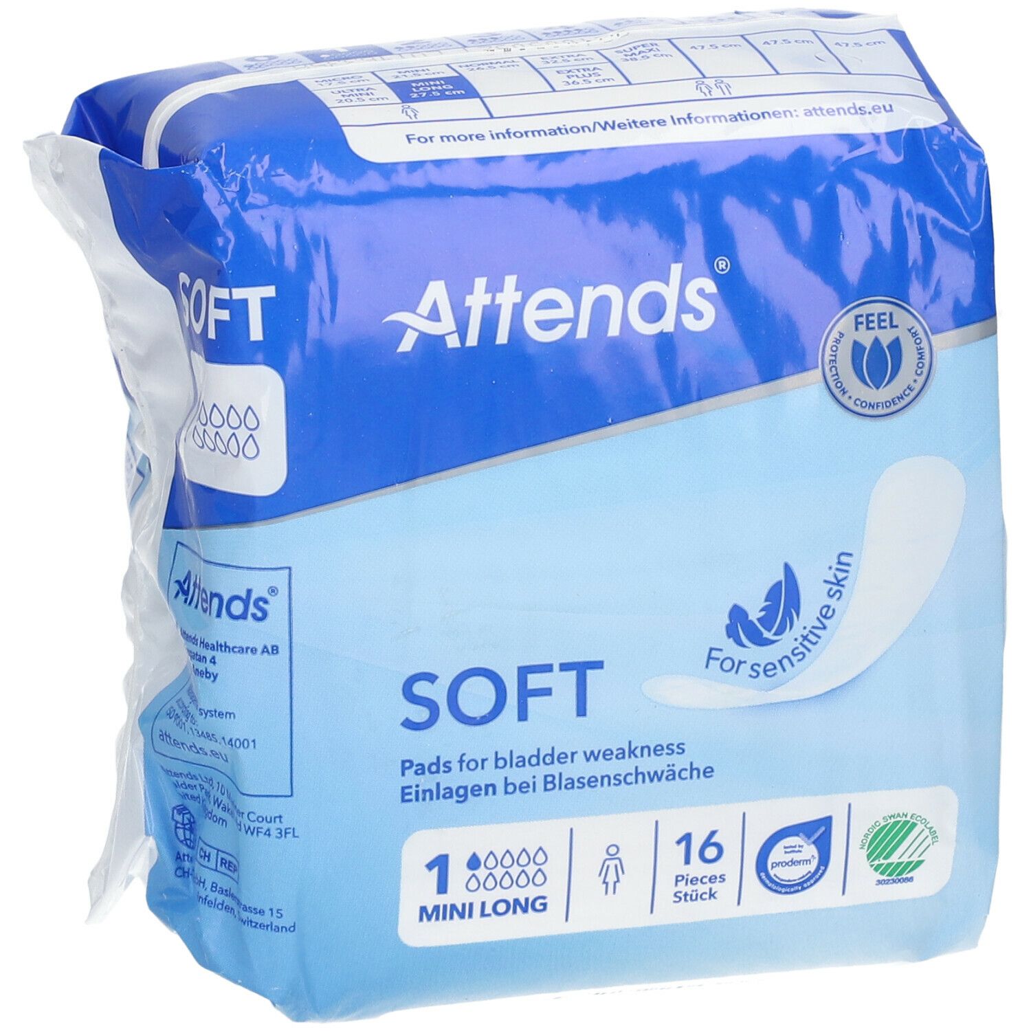 Attends Soft 1 Mini Long. Paquet de 16 protections. Emballage bleu avec nom du produit et logo.