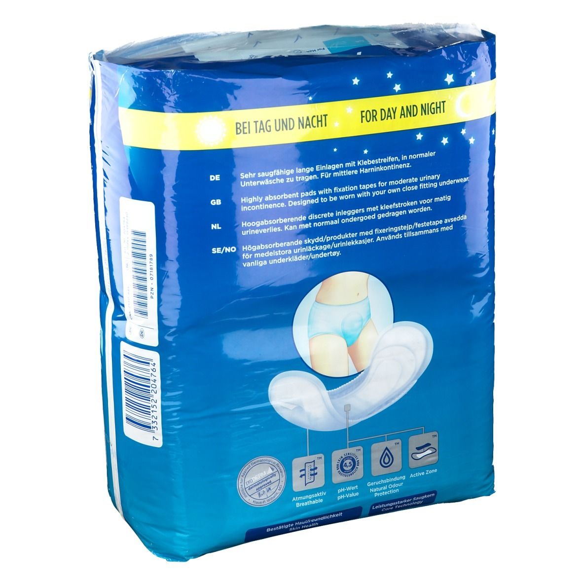 Dos du paquet Attends Soft 5. Texte en plusieurs langues. Image du produit.